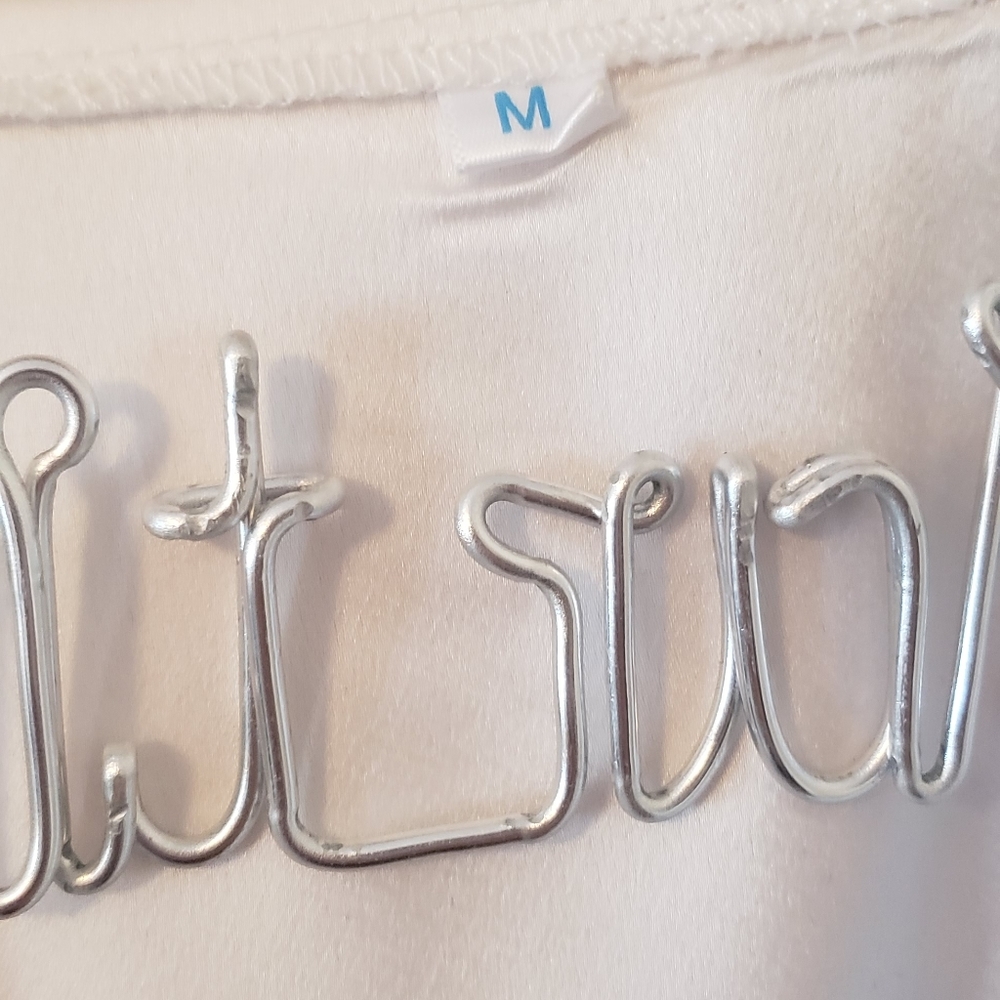 White satin robe with Peach embroidered "M". Size medium with lace sleeves/hem